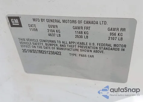 2009 Chevrolet Impala Police from USA, damaged, VIN 2G1WS57M291238422